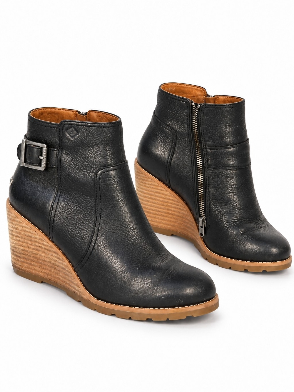 Sperry Gold Cup Liberty Black Leather Wedge Ankle Boots Women’s 8M street chic